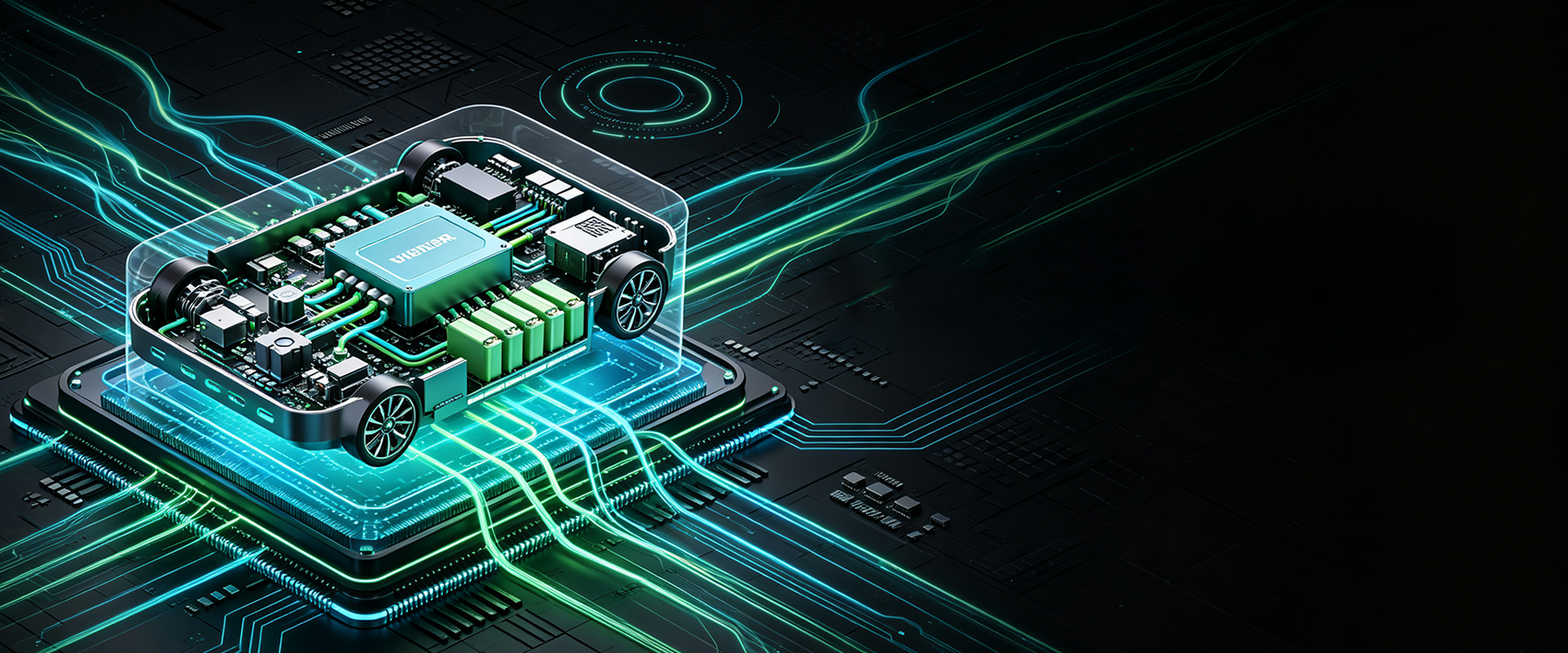 Illustration of an automotive electronic control platform with glowing circuit pathways